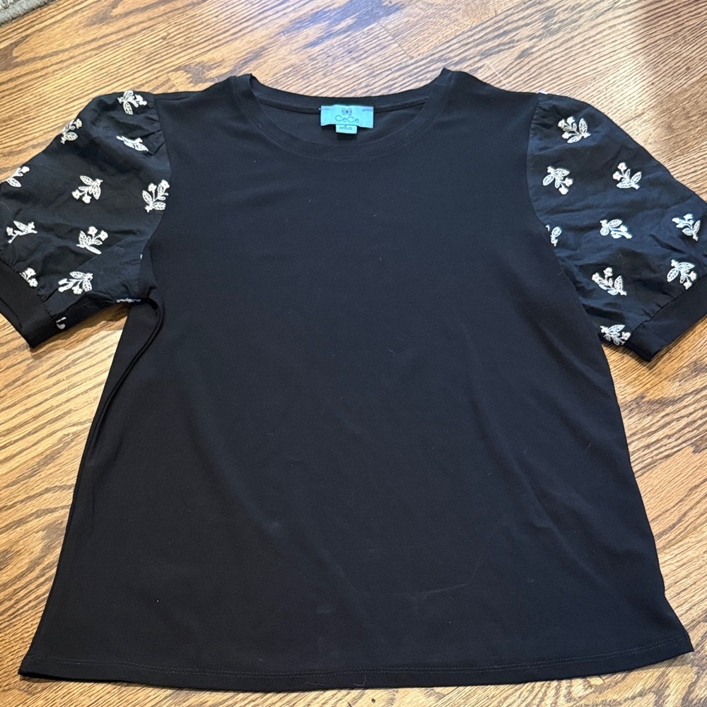 CeCe Black Top with Floral Sleeves